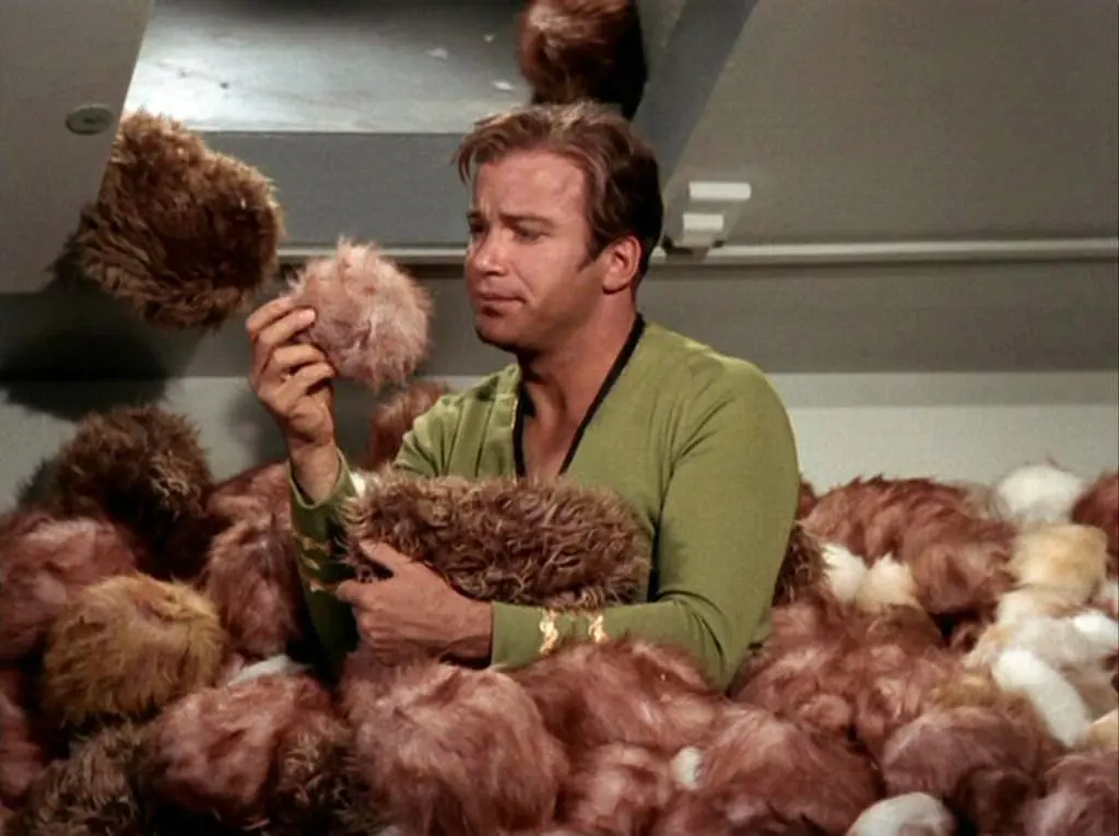 TOS里最负盛名的外星种族大概就是这些给人添乱的毛球了……它们叫“Tribble”,不过粉丝都叫它们毛球。它们会发出“咕噜咕噜”的声音,非常治愈,但是巨能吃且繁殖超快,所以还是会带来麻烦,比如,带上船一只,没几天就会被它们占领飞船,还会把所有的库存吃光…